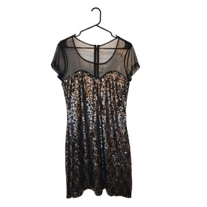 Belle Du Jour black sequins dress with short sleeve illusion top. Sweetheart. L